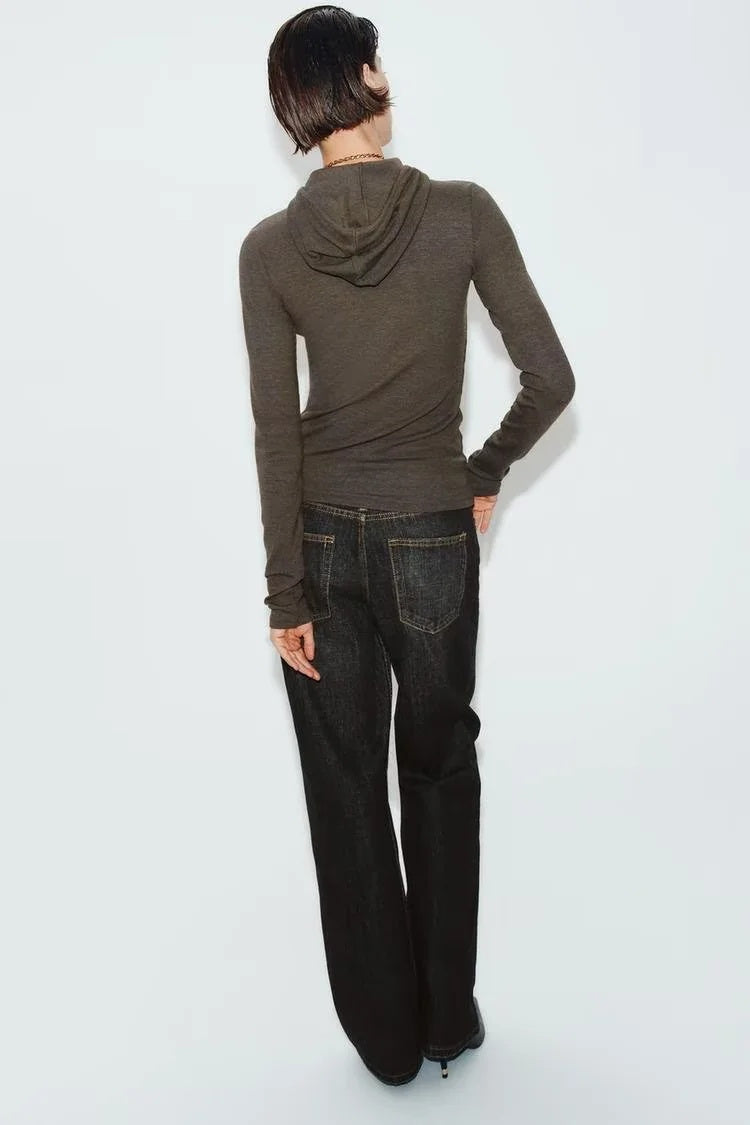 ZA Draped Hooded Long Sleeve Top