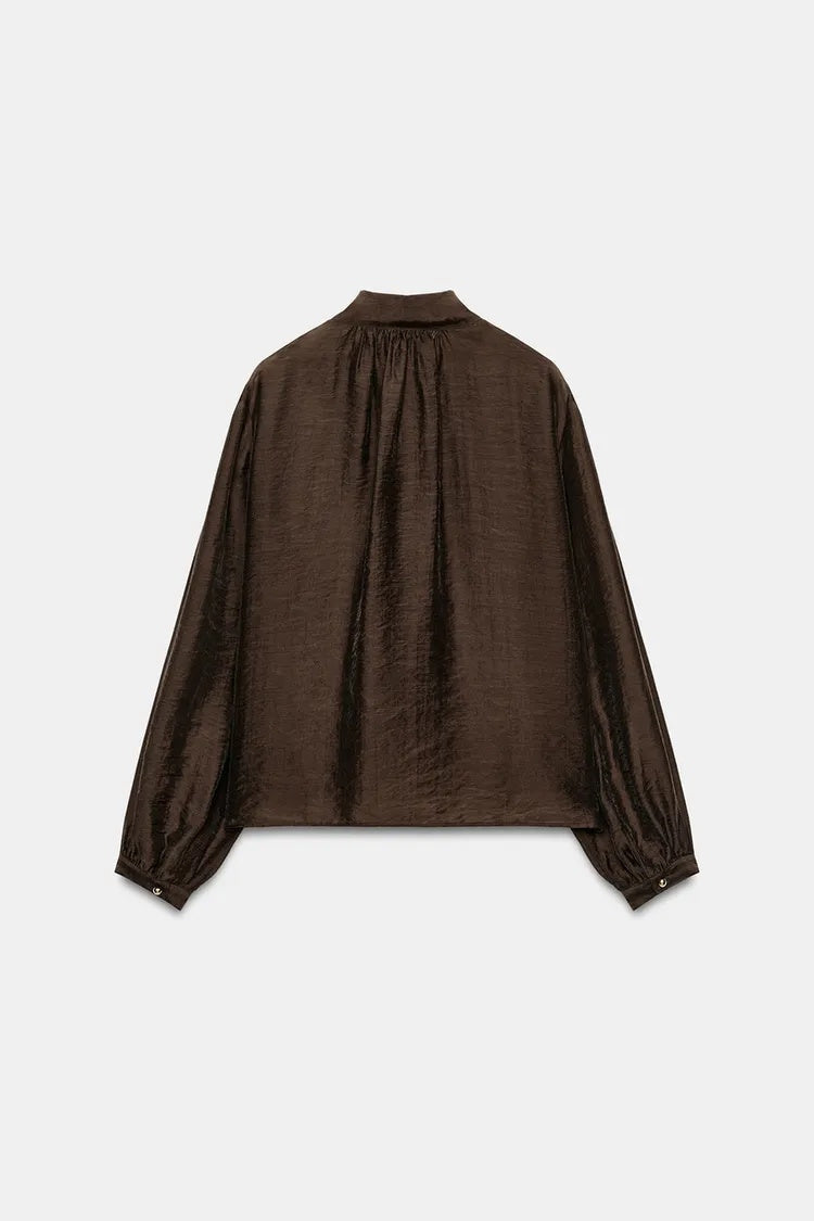 ZA  Brown Floral Tie-Neck Satin Blouse