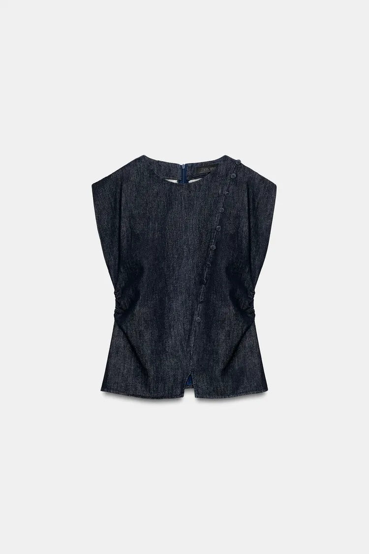ZA Draped Denim Top &amp; Wide-Leg Trouser Set