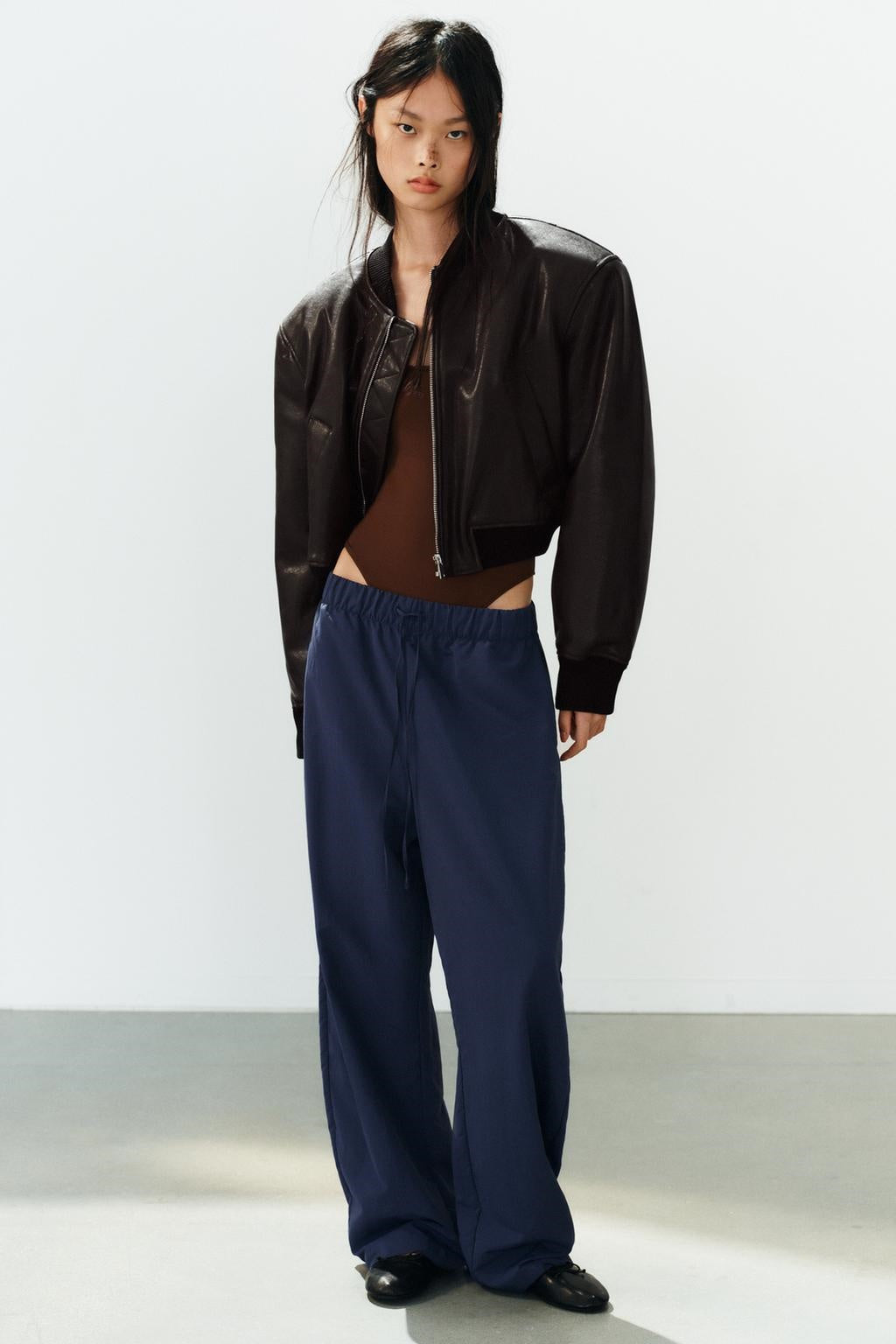 ZA Cropped Faux Leather Bomber Jacket