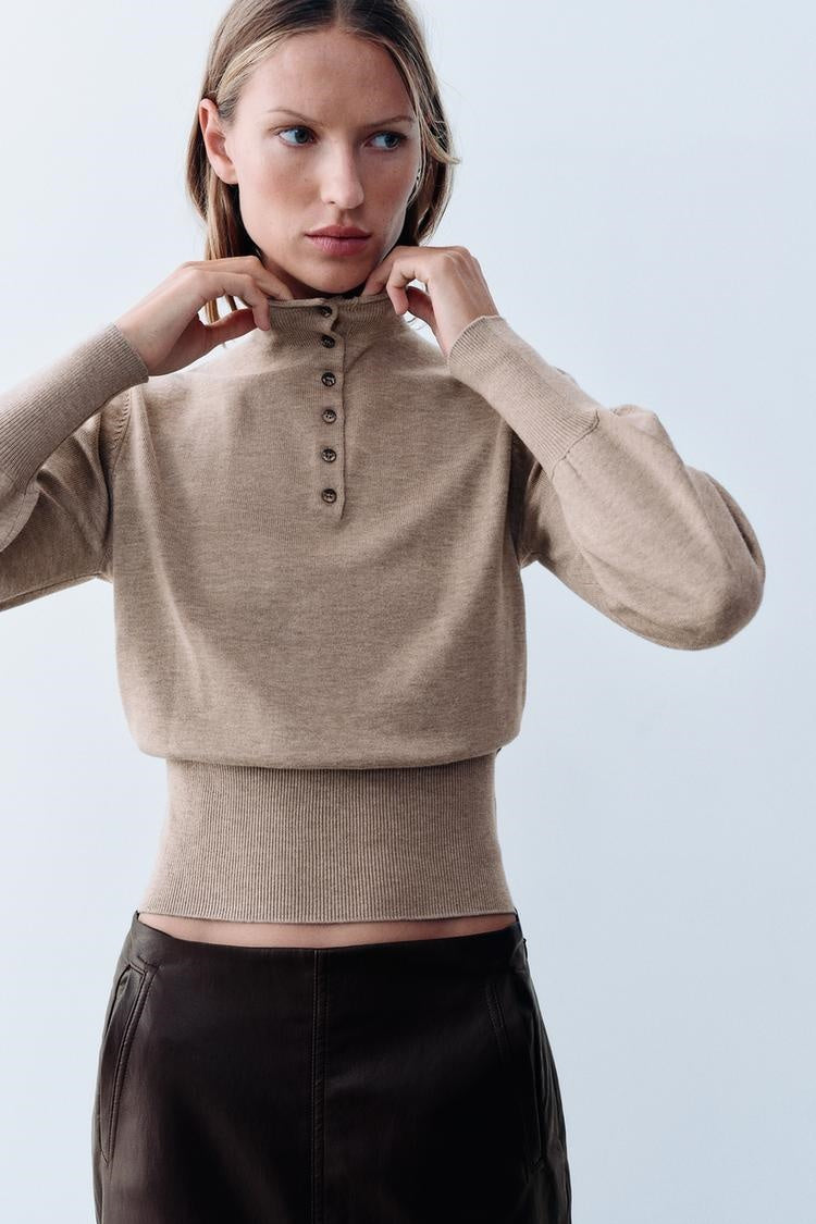 ZA Button-Neck Fine Knit Sweater