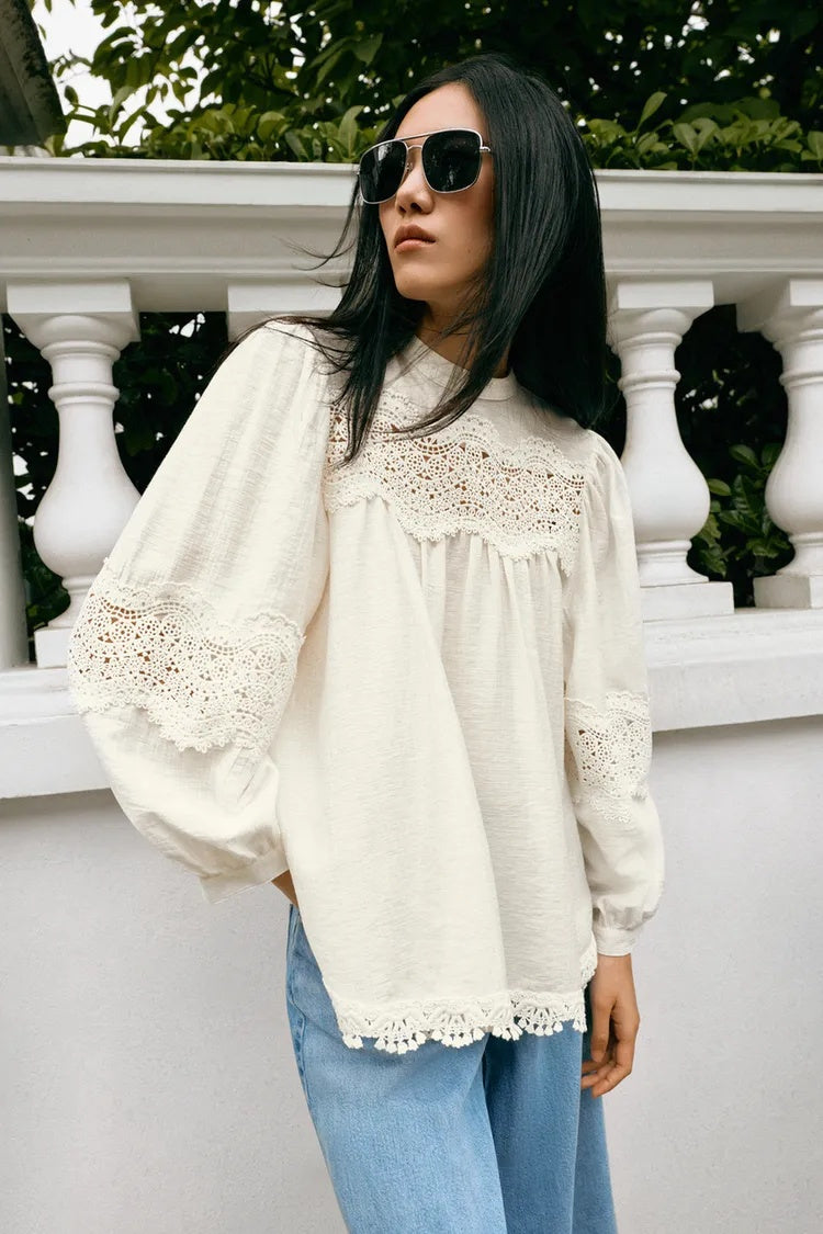 ZA Lace-Insert Gathered Blouse