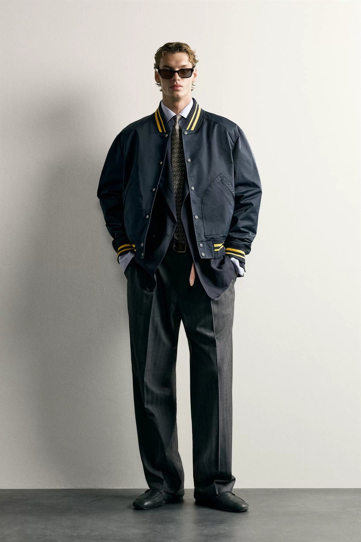 Navy Varsity Bomber Jacket with Yellow Stripe Trim