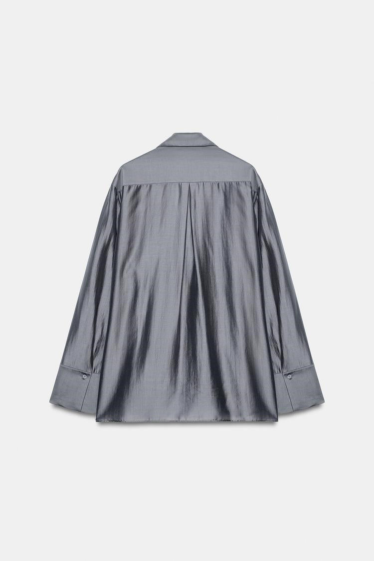 ZA Metallic Grey Tie-Neck Satin Blouse