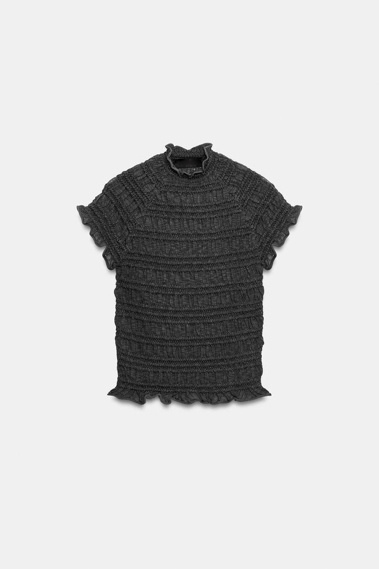 ZA Textured Ruffle High-Neck Top