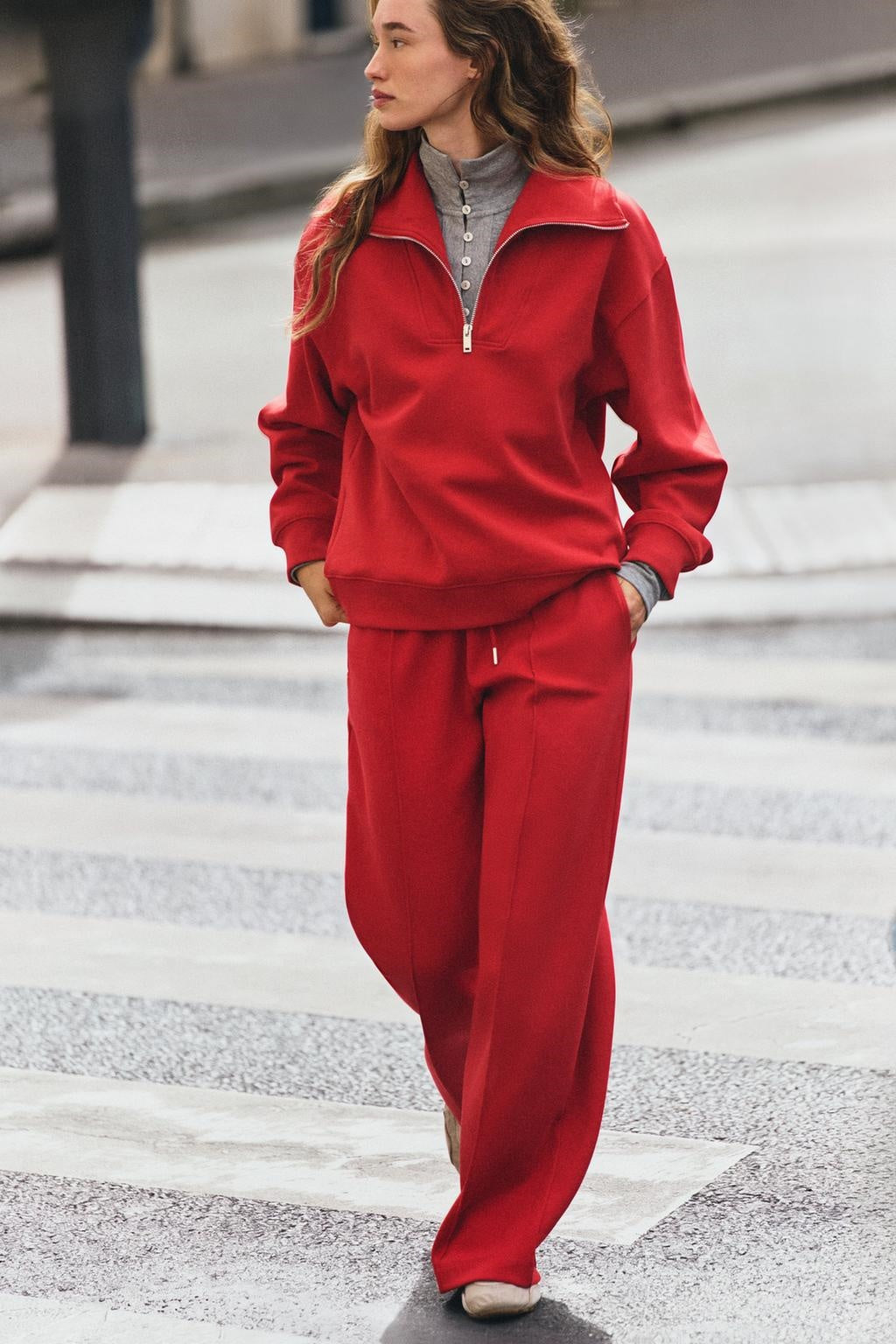 ZA Half-Zip Funnel Neck Sweatshirt & Wide-Leg Pants Set