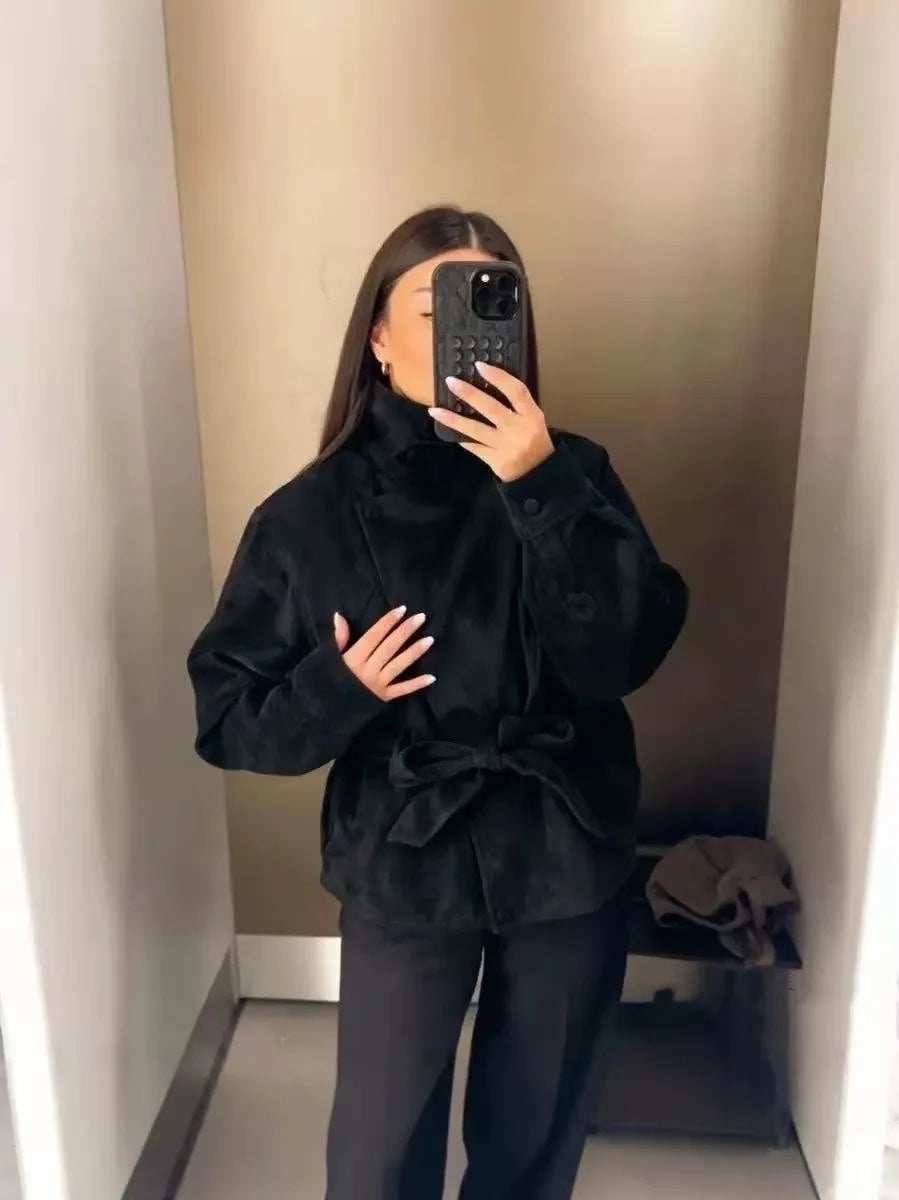 ZA Belted Suede-Effect High-Neck Jacket