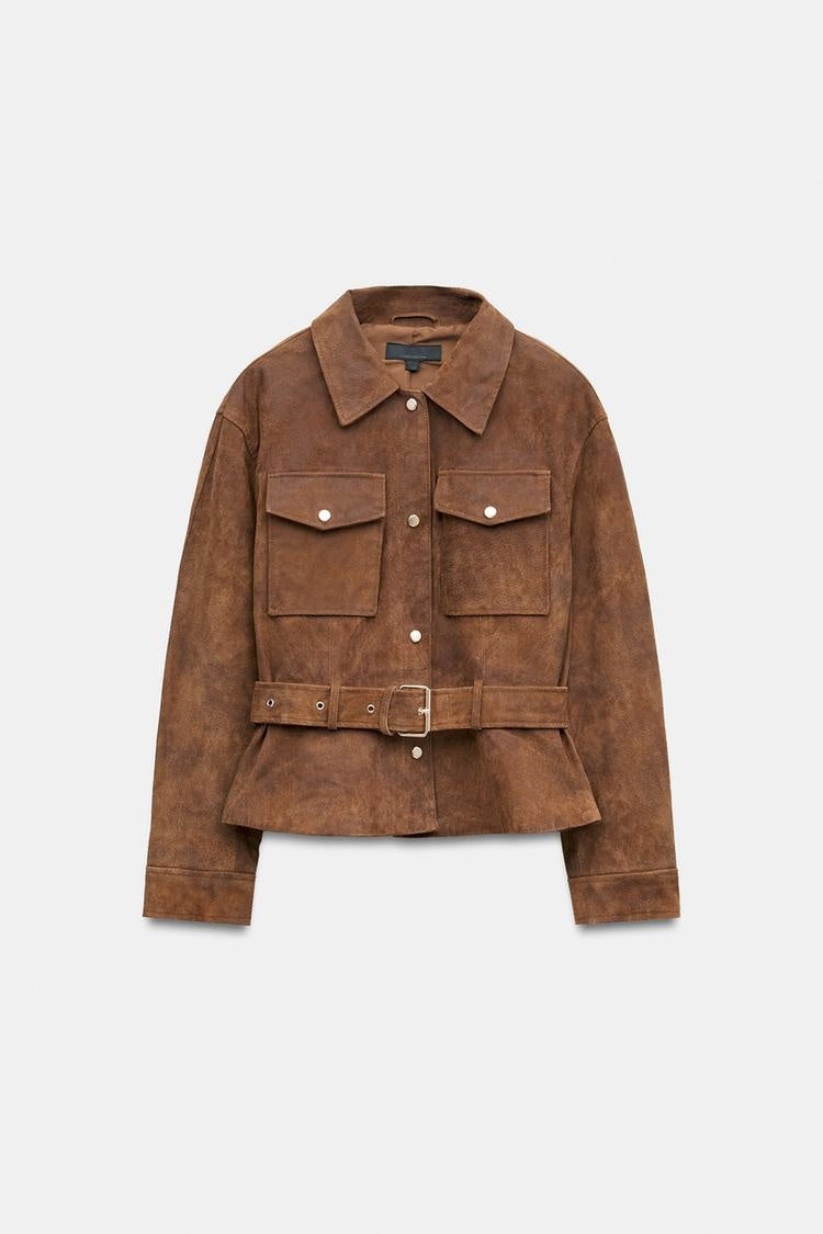 ZA Belted Suede-Effect Utility Jacket