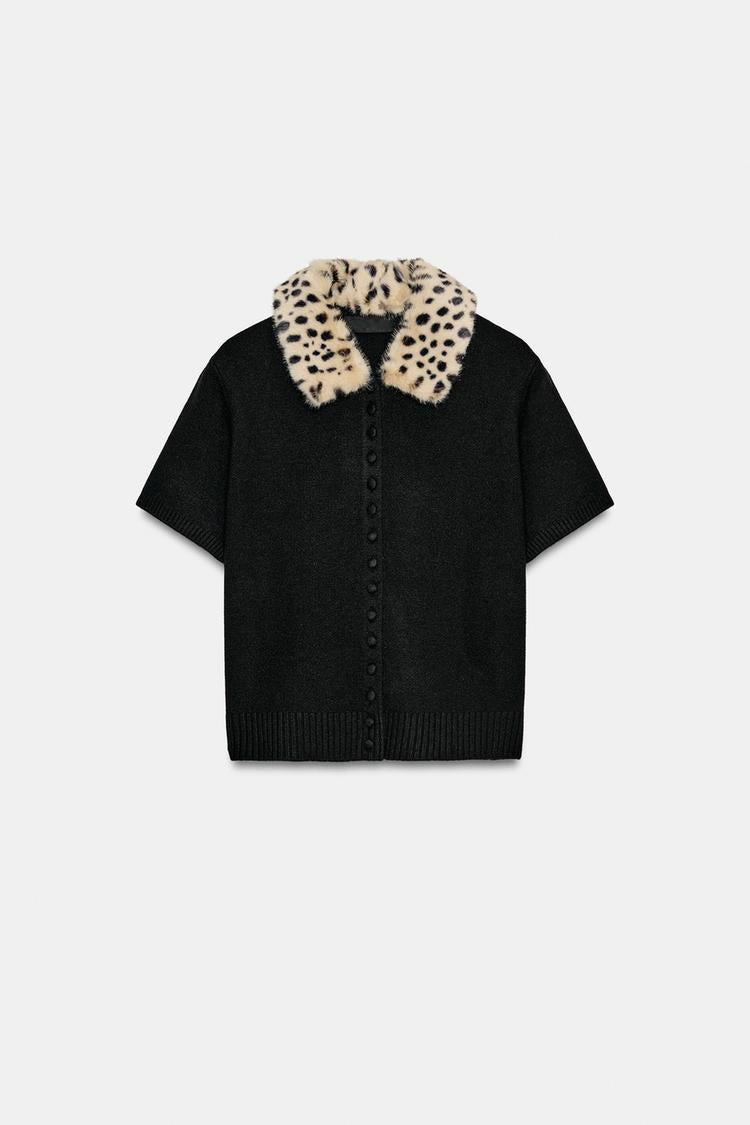 ZA Women’s Leopard Collar Short-Sleeve Cardigan
