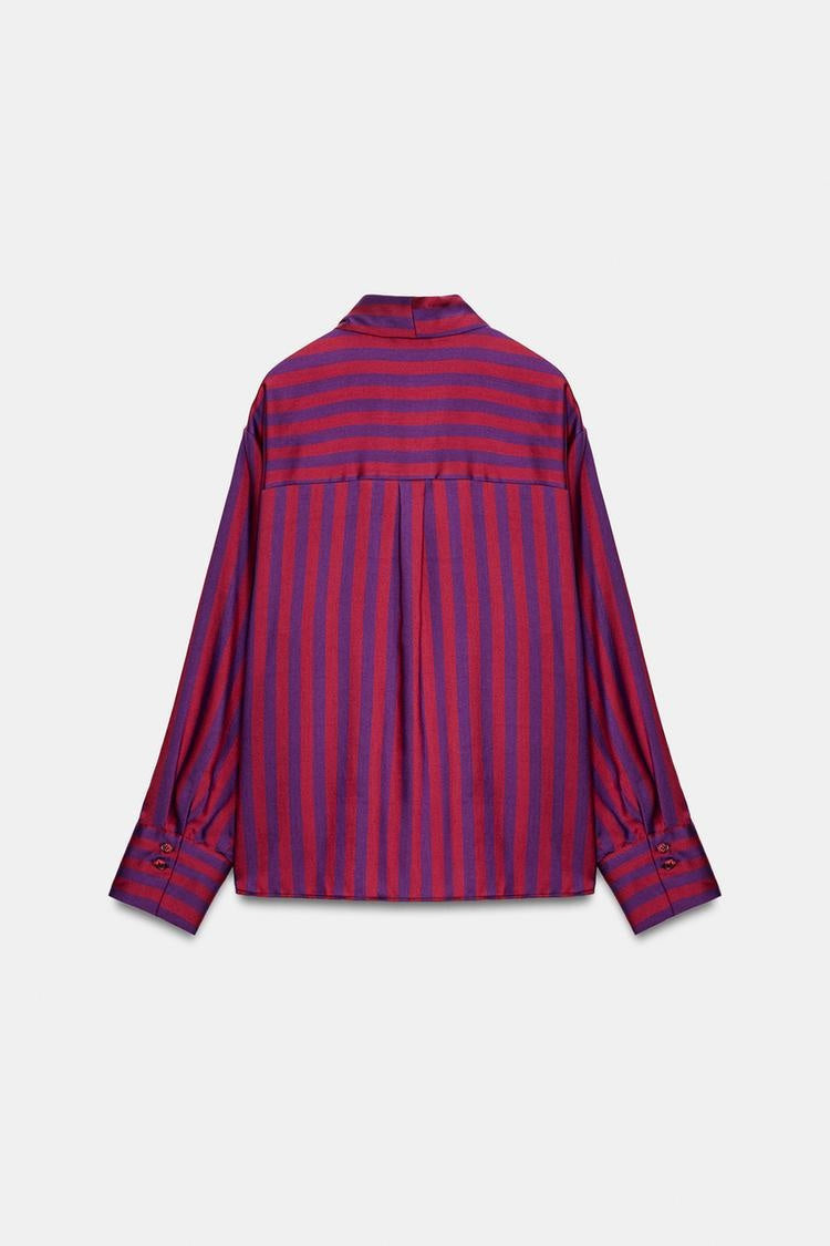 ZA Striped Satin Tie-Neck Blouse