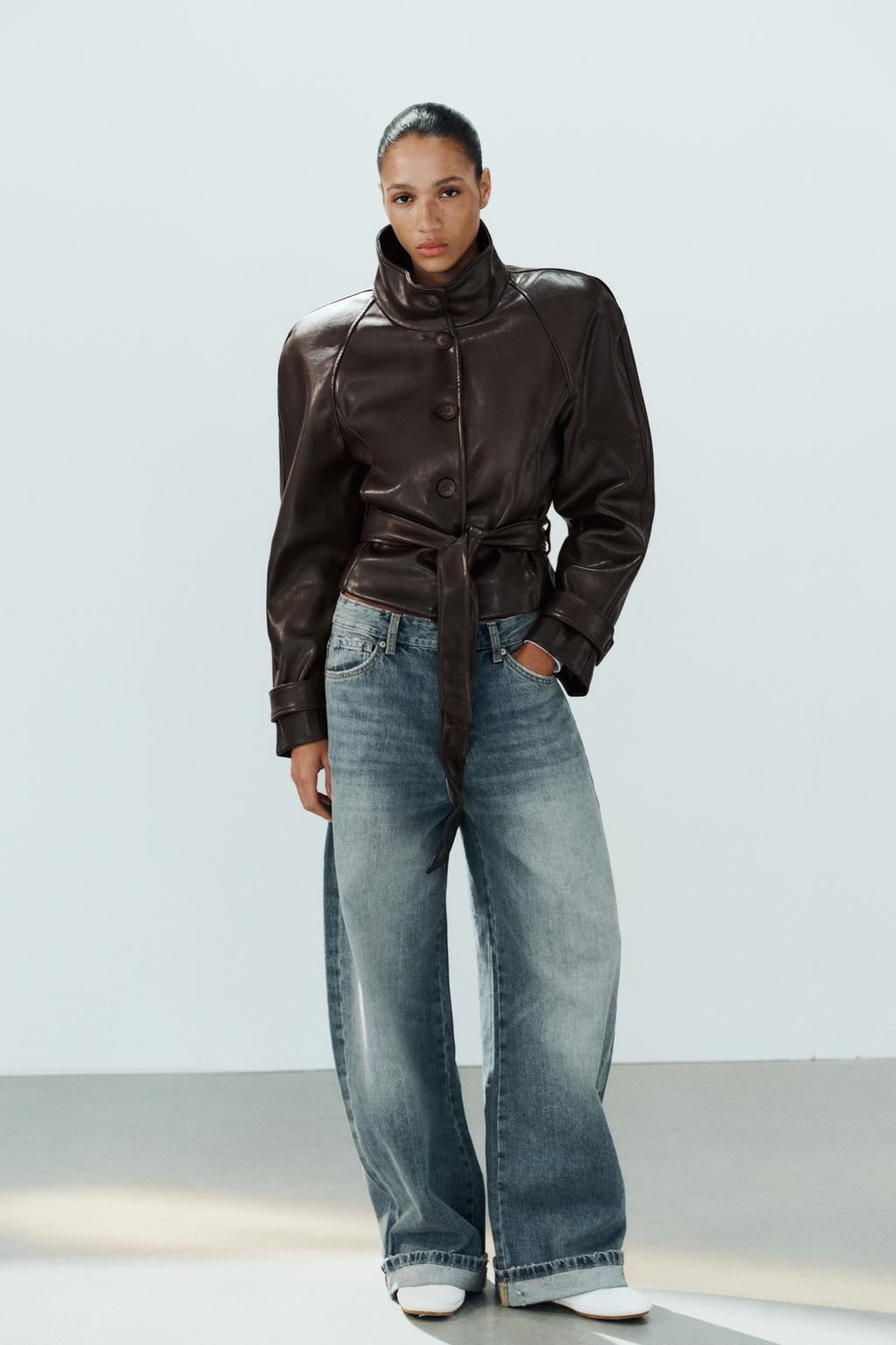 ZA Belted High-Neck Faux Leather Jacket