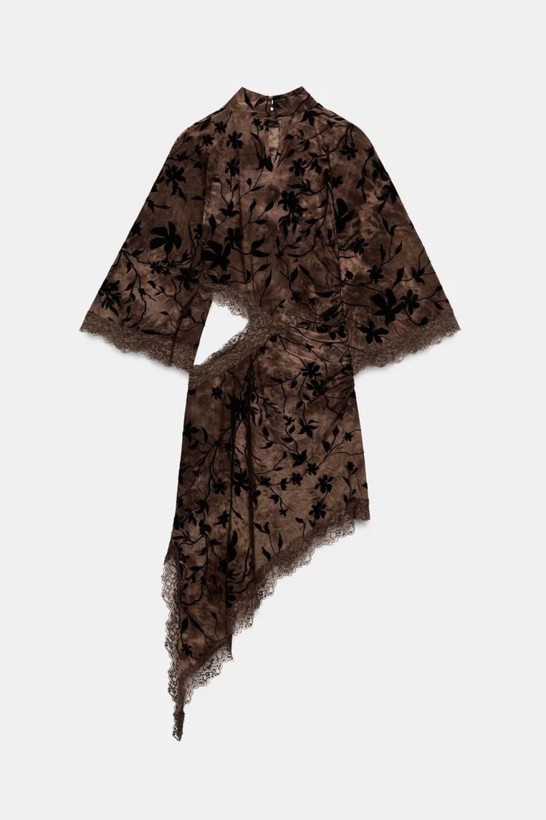 ZA Floral Velvet Asymmetric Lace-Trim Top