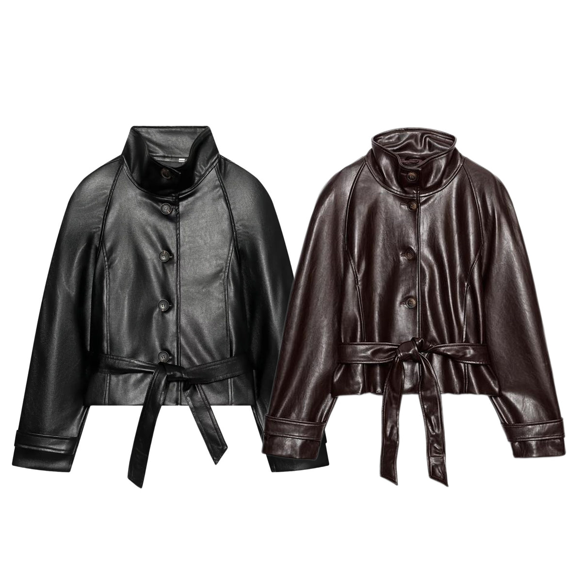 ZA Belted High-Neck Faux Leather Jacket