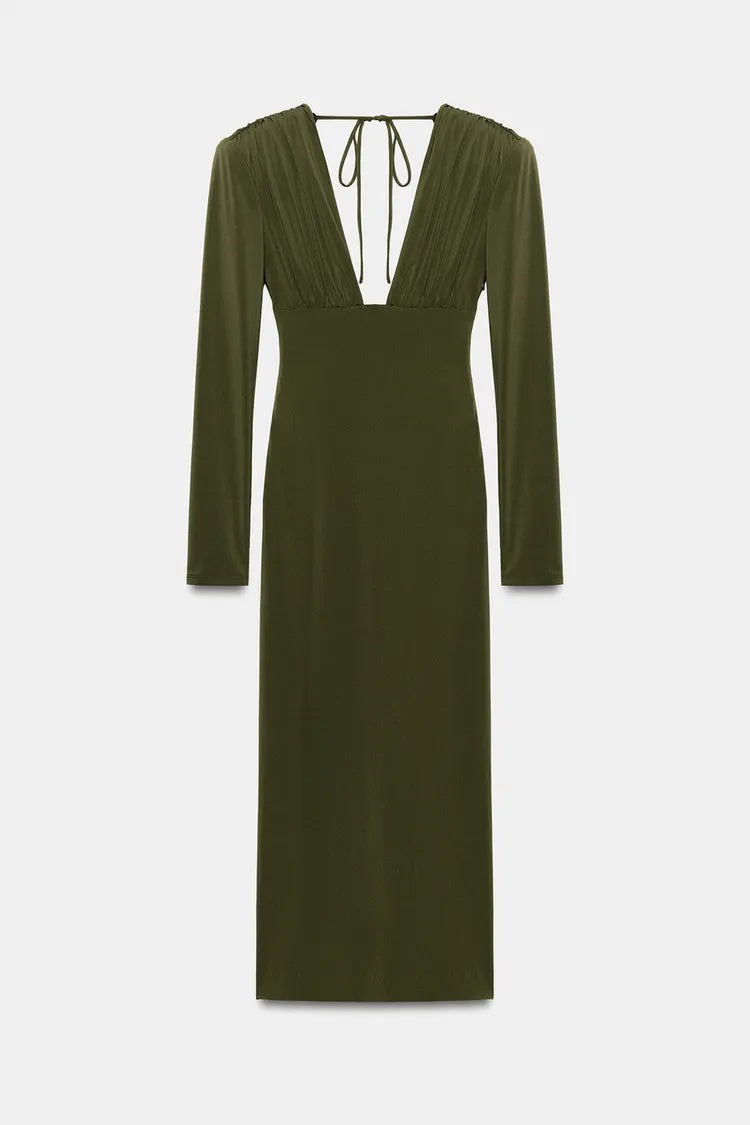 ZA Olive Green Deep V-Neck Maxi Dress