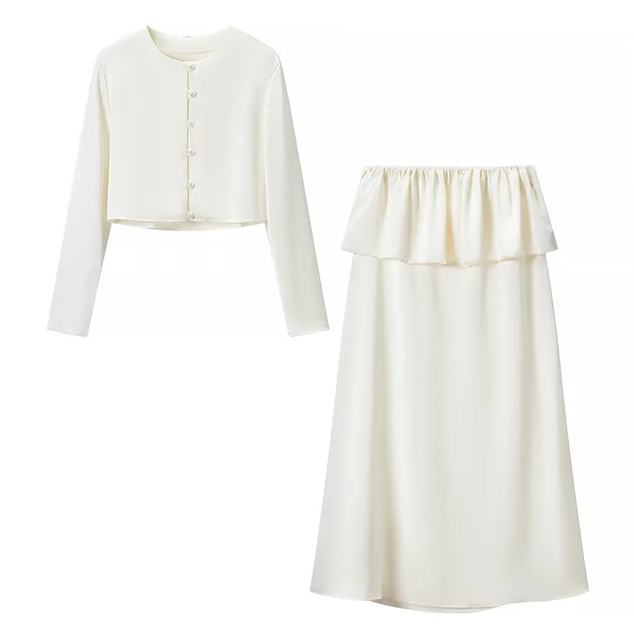 ZA Satin Cropped Cardigan &amp; Ruffle Midi Skirt Set