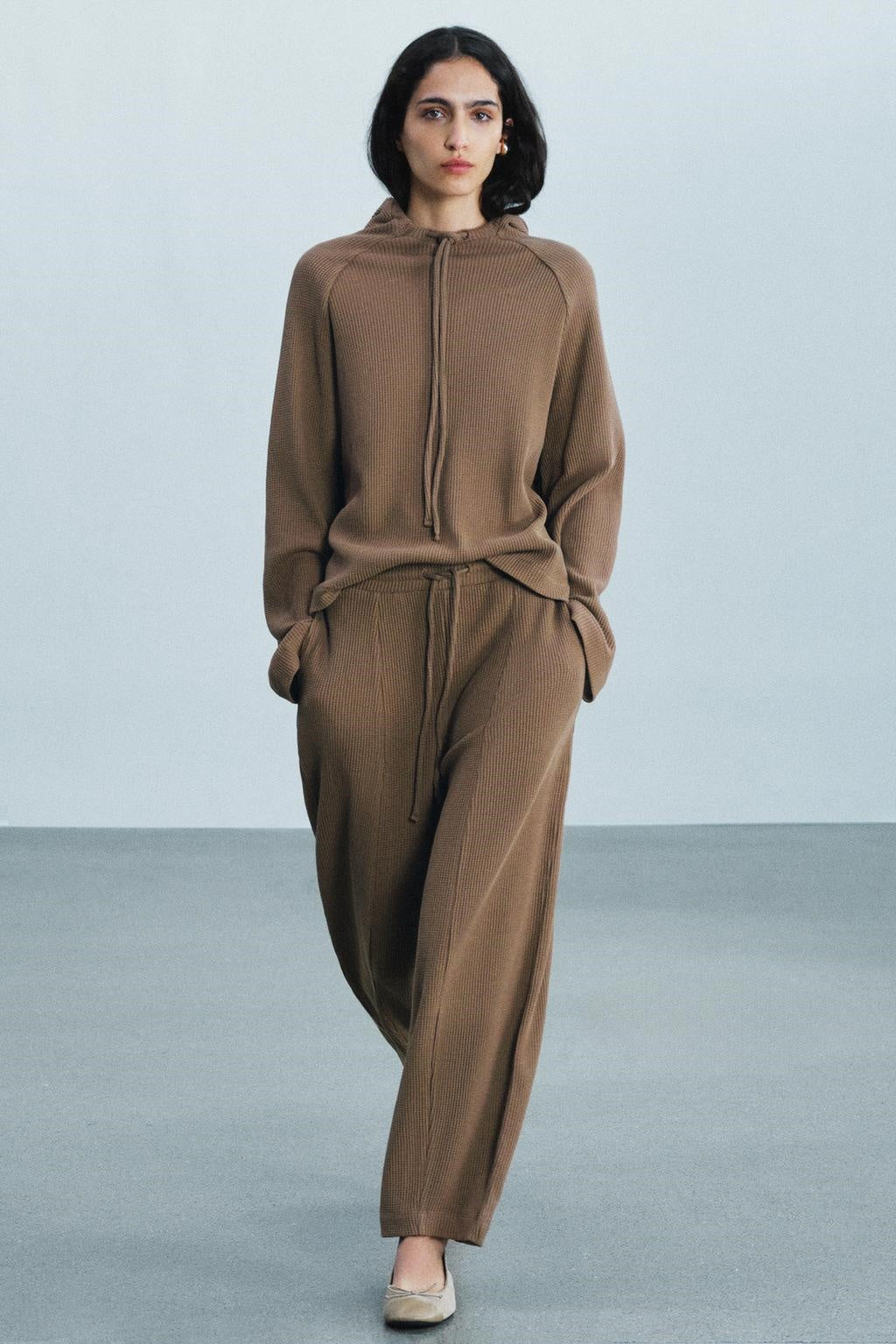 ZA Knit Hooded Top & Wide-Leg Pants Set