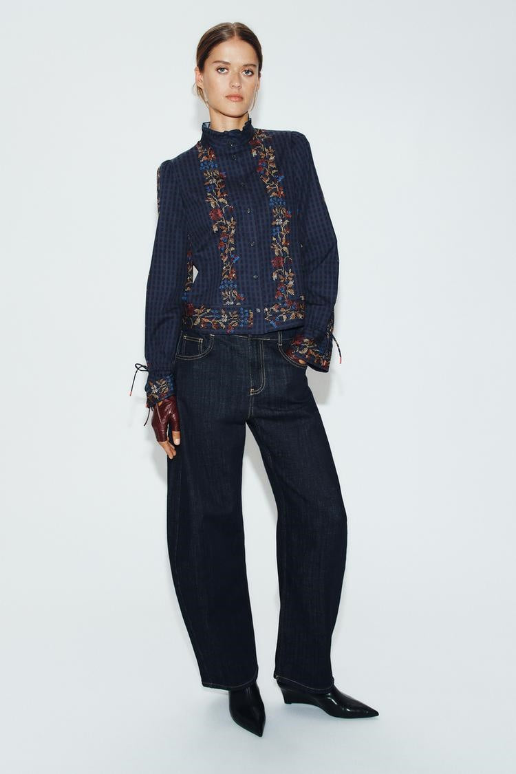 ZA Embroidered High-Neck Blouse