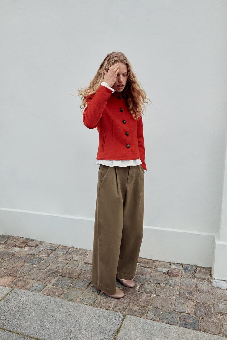 ZA Red Collarless Button Jacket