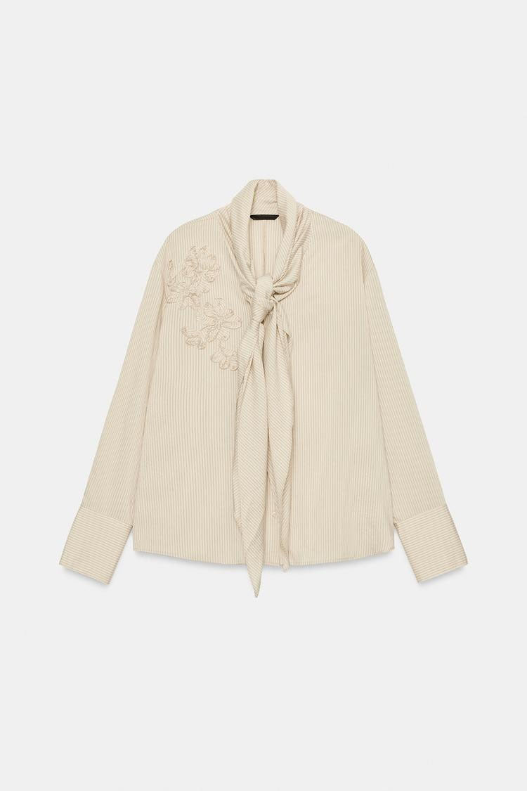 ZA Embroidered Tie-Neck Pinstripe Blouse