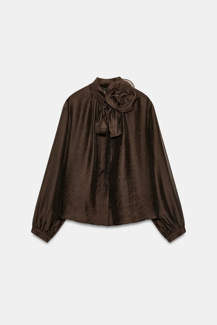 ZA  Brown Floral Tie-Neck Satin Blouse