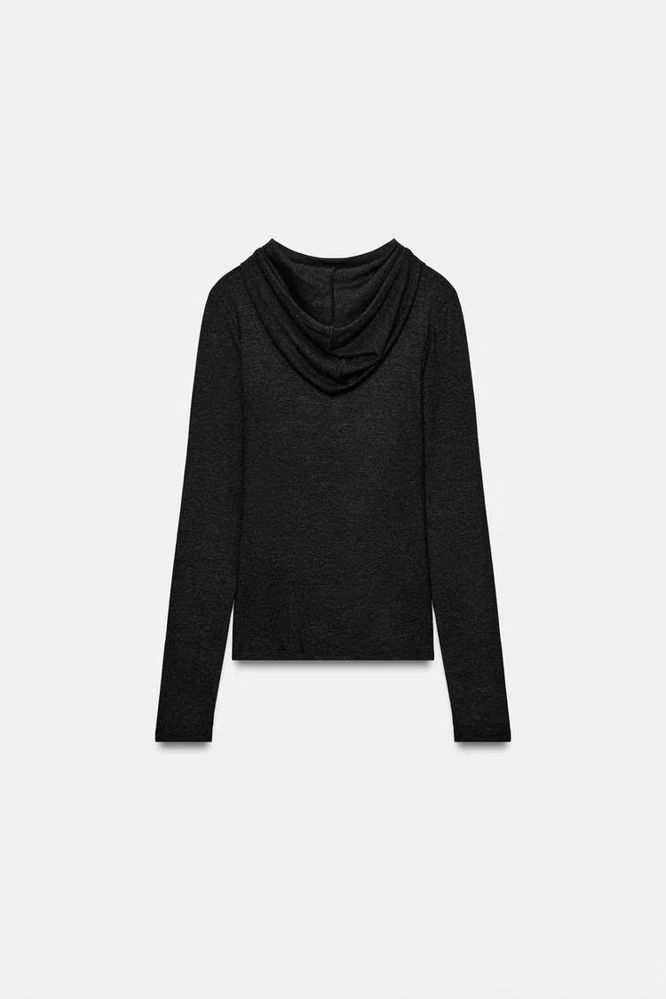 ZA Draped Hooded Long Sleeve Top
