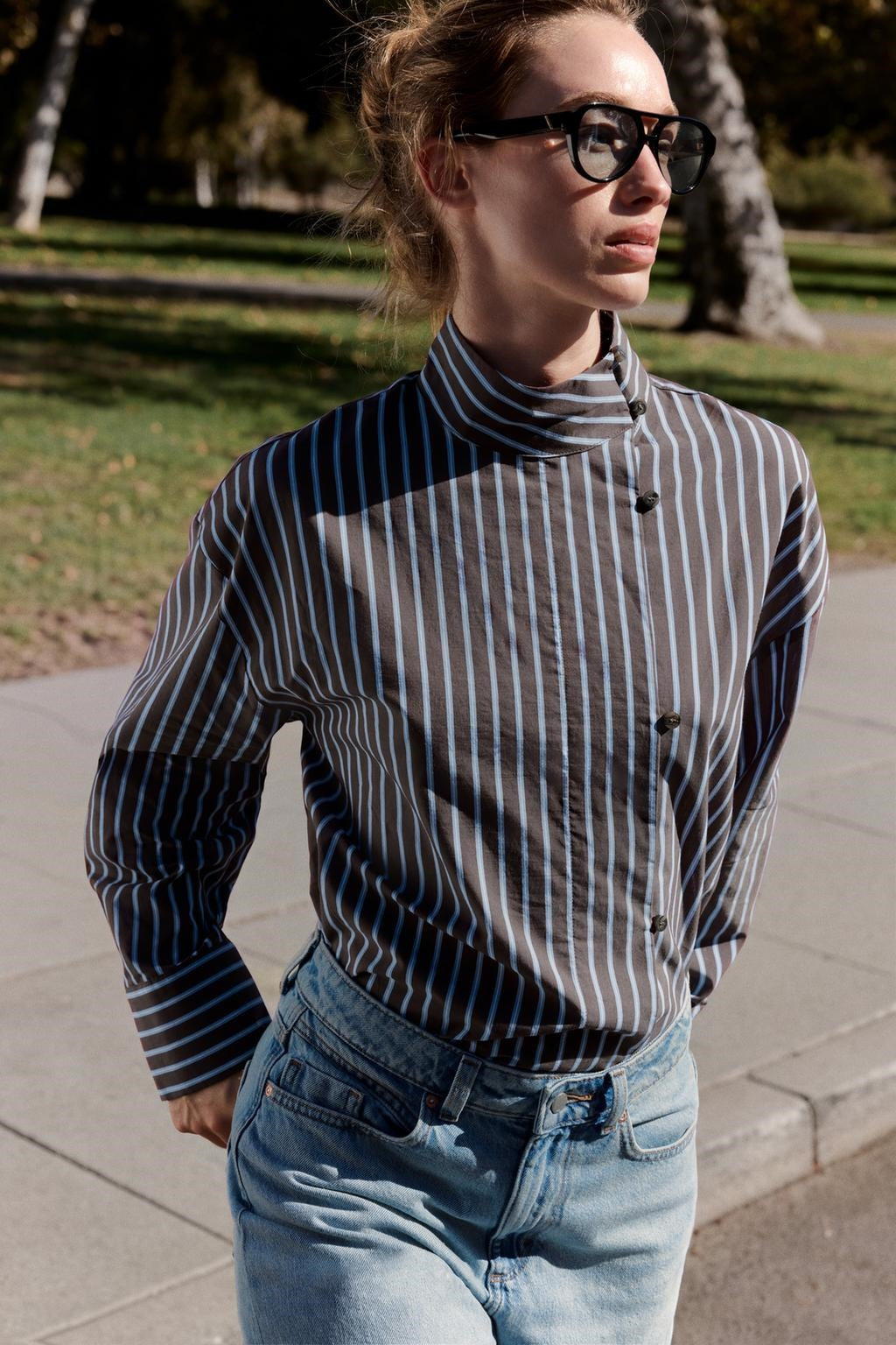 ZA Striped High-Neck Button Shirt