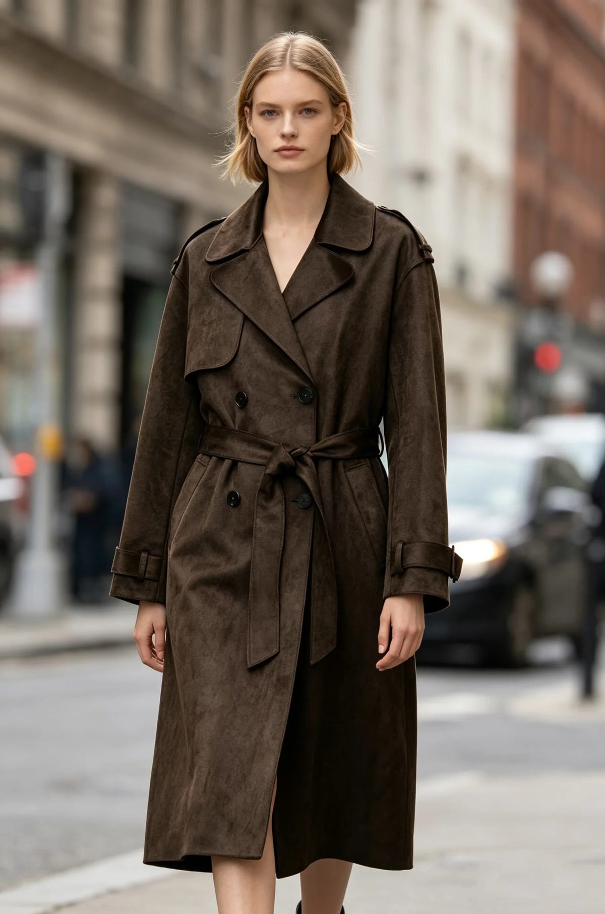 ZA Women’s Brown Suede-Effect Belted Trench Coat