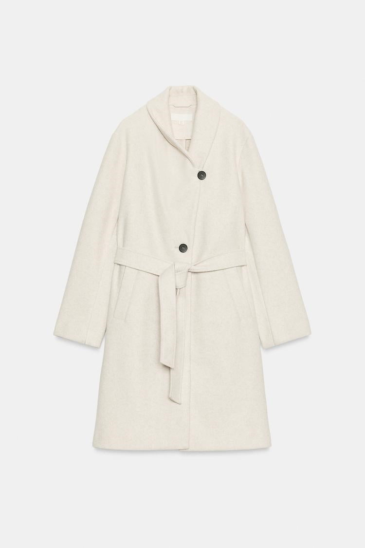 ZA Belted Shawl-Collar Long Coat