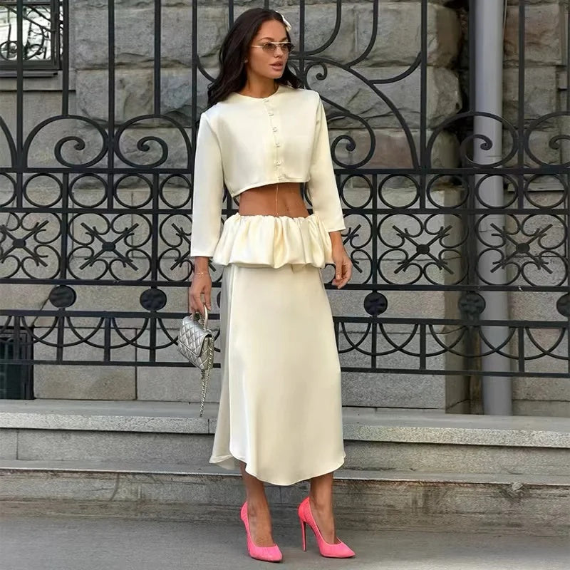 ZA Satin Cropped Cardigan &amp; Ruffle Midi Skirt Set