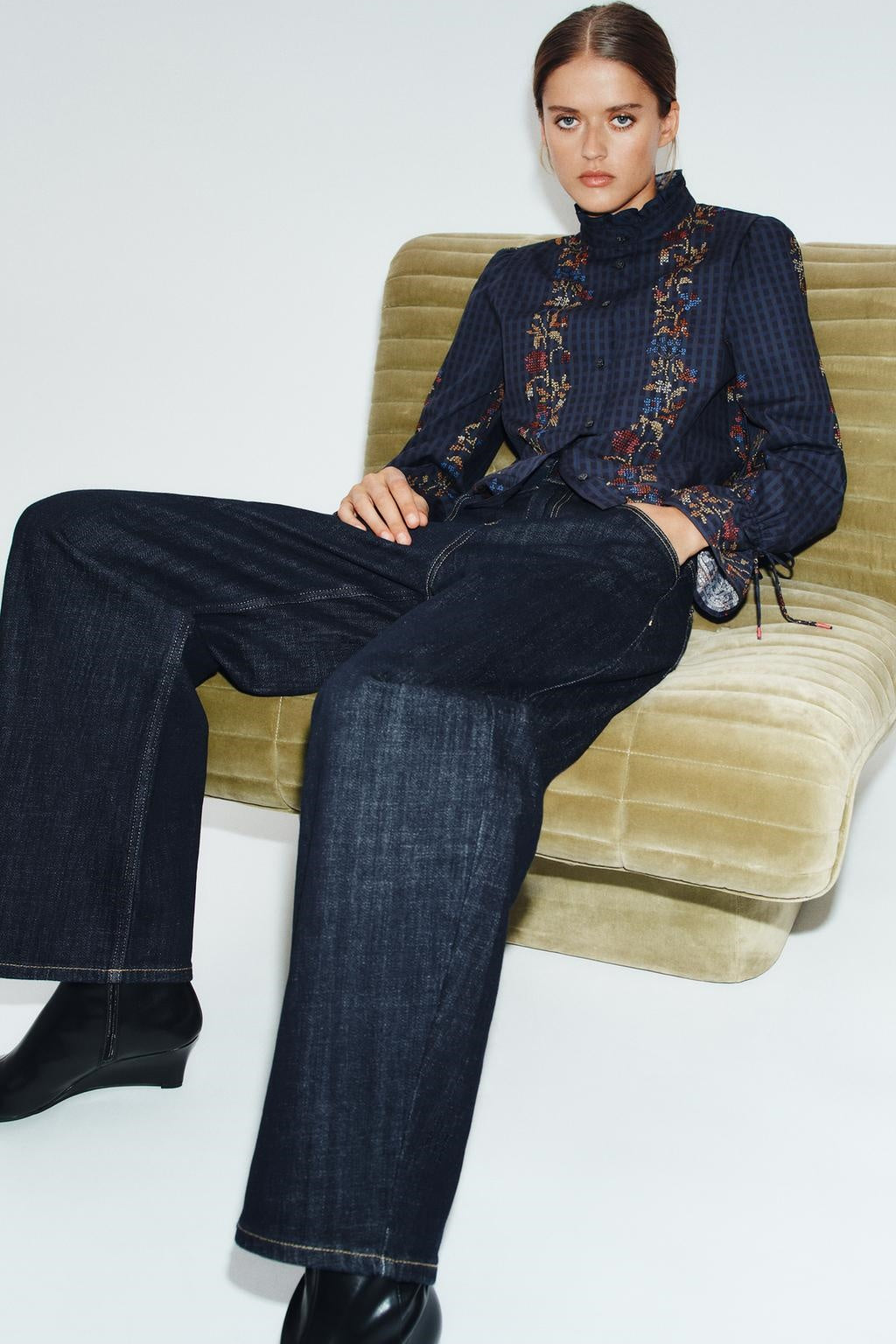 ZA Embroidered High-Neck Blouse
