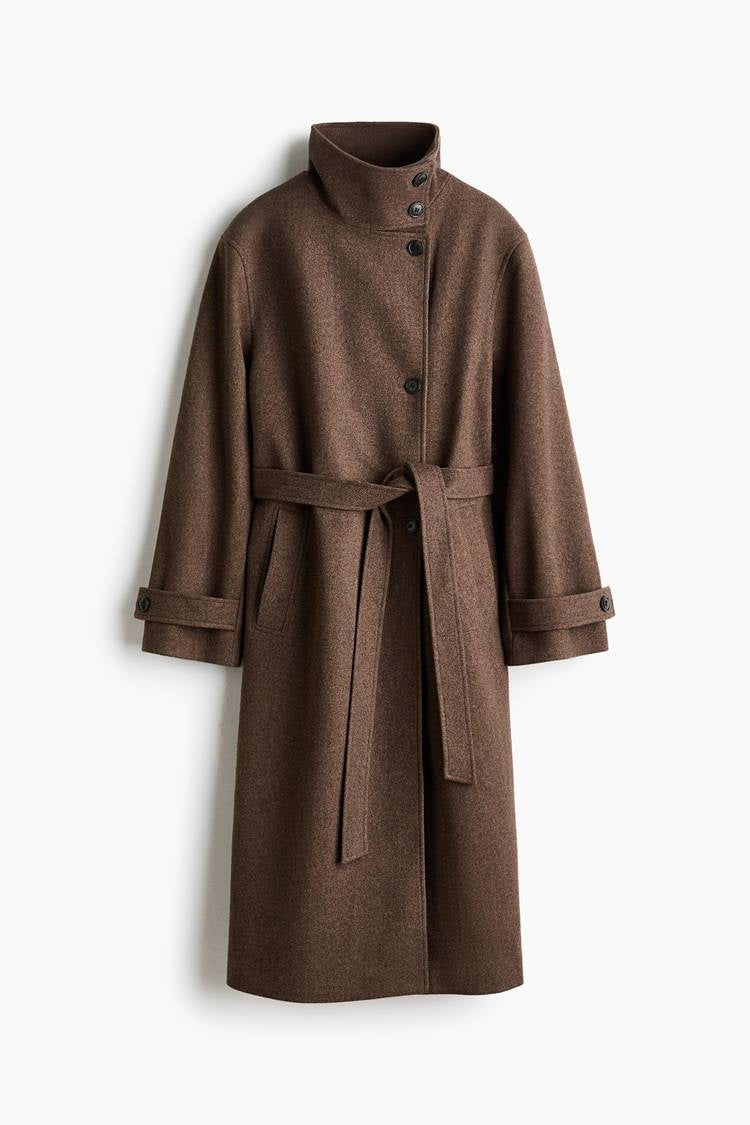 ZA Belted High-Neck Long Coat