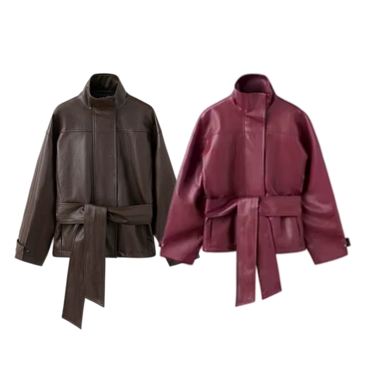 ZA Belted Faux Leather High-Neck Jacket