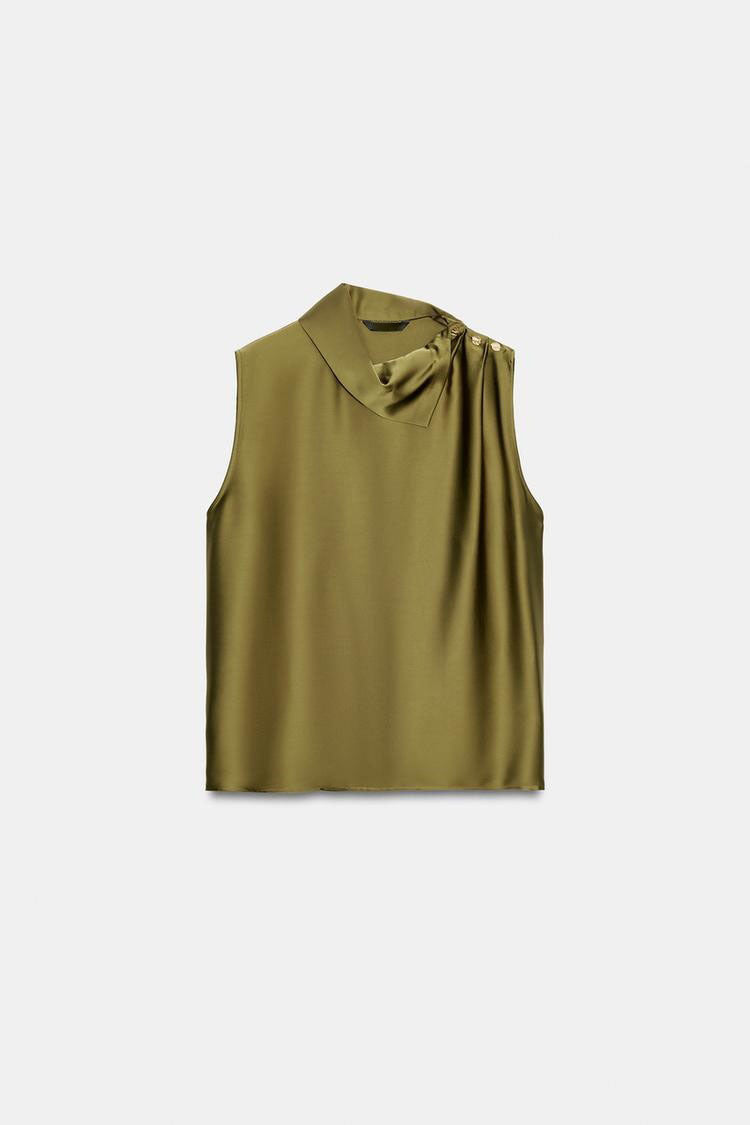 ZA Satin Draped High-Neck Sleeveless Top