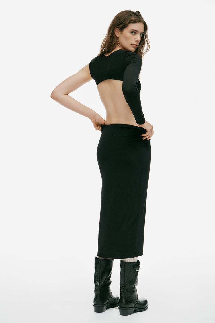 ZA Asymmetric Ruched Cut-Out Maxi Dress