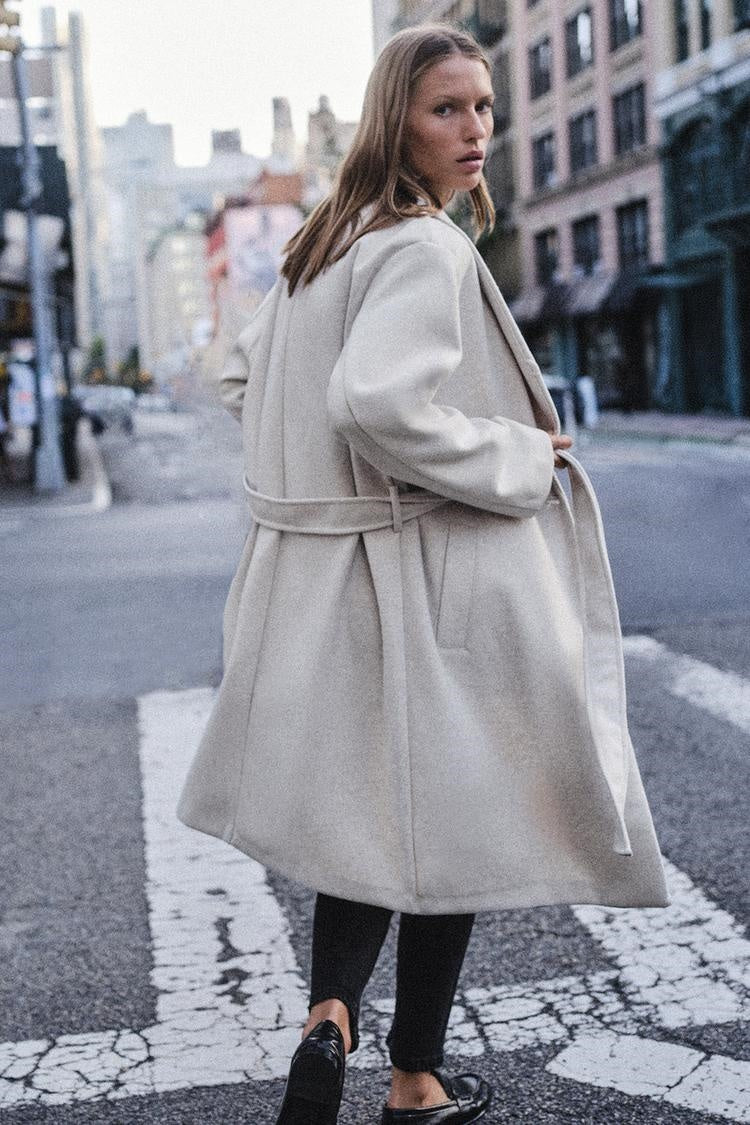 ZA Belted Shawl-Collar Long Coat
