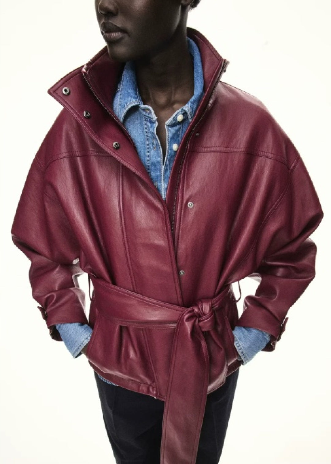ZA Belted Faux Leather High-Neck Jacket