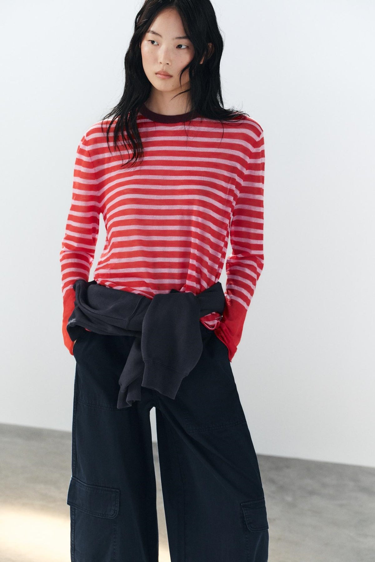 ZA Striped Contrast-Cuff Long-Sleeve Top