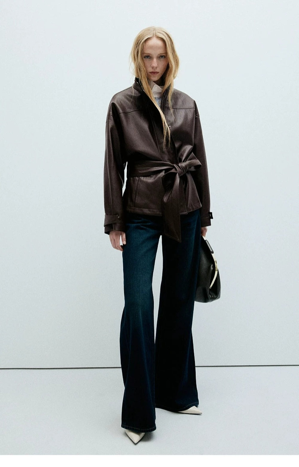 ZA Belted Faux Leather High-Neck Jacket