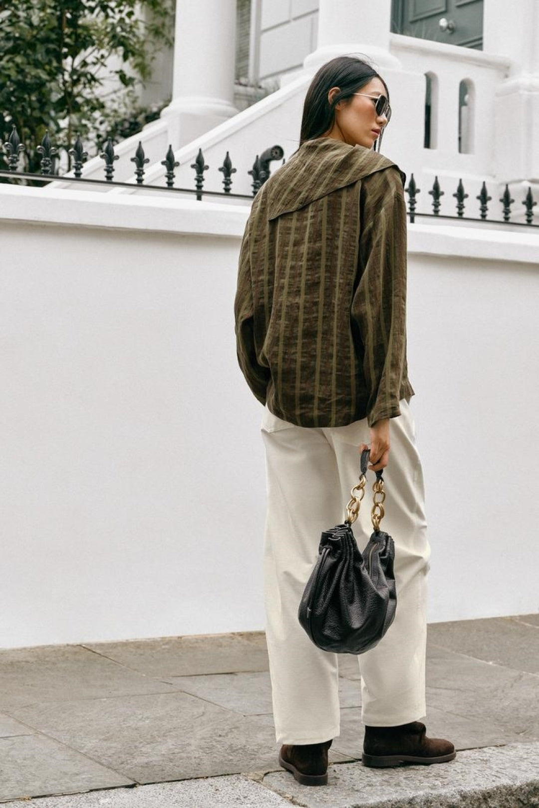ZA Olive Striped Draped-Collar Blouse