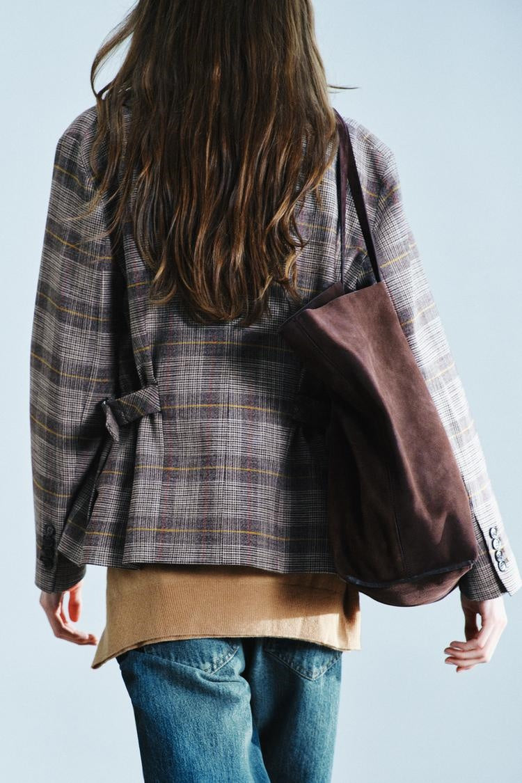 ZA Double-Breasted Checked High-Collar Jacket