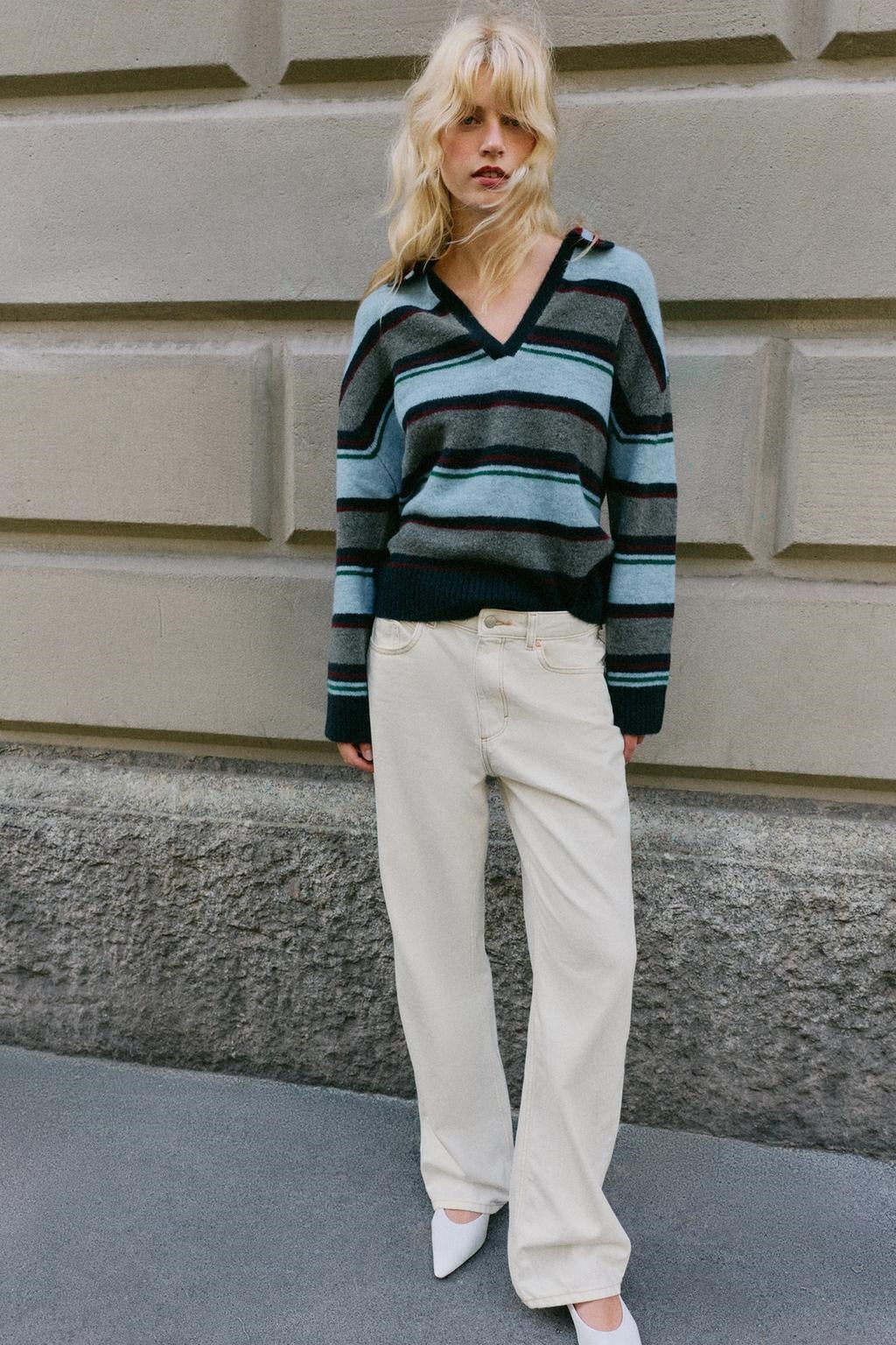 ZA Striped Polo Collar Knit Sweater
