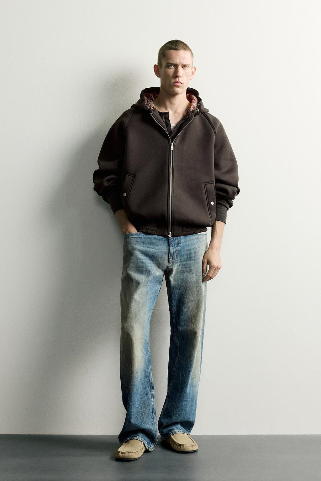 ZA Relaxed Zip-Up Hooded Bomber Jacket