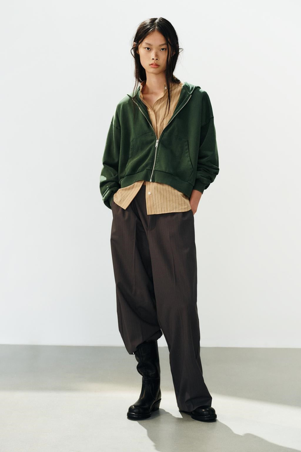 ZA Green Zip-Up Hoodie & Wide-Leg Pants Set