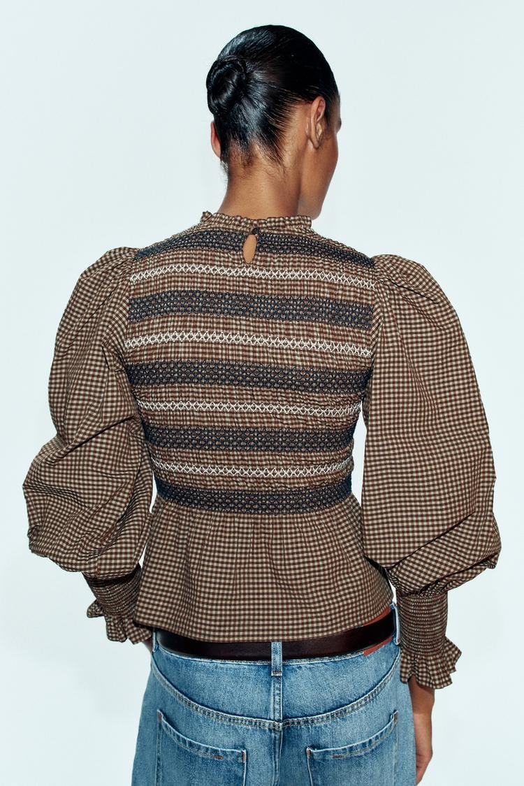 SA Smocked Check Puff-Sleeve Blouse