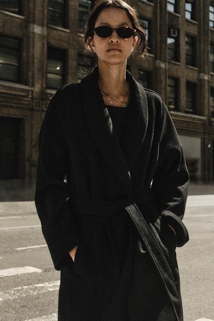 ZA Belted Shawl-Collar Long Coat