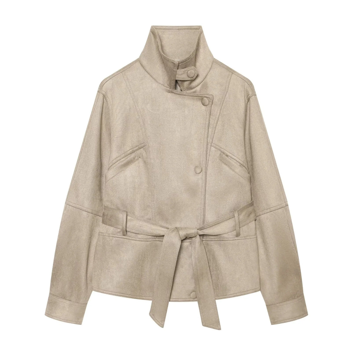 ZA Belted Suede-Effect High-Neck Jacket