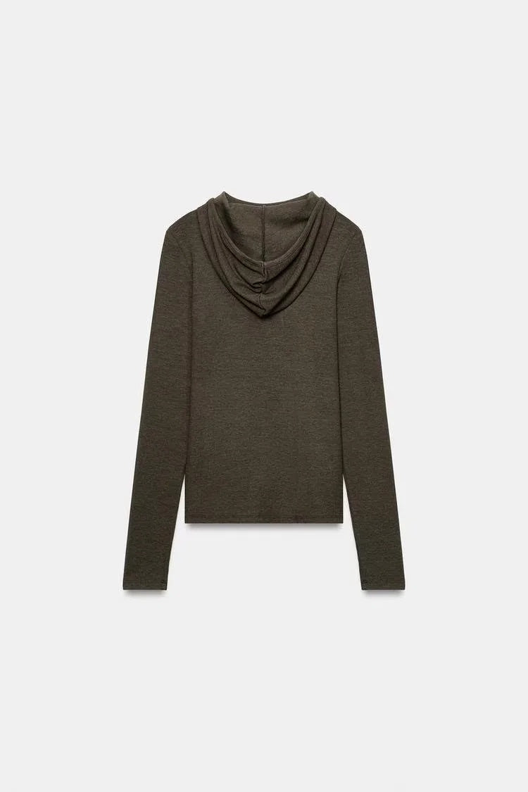 ZA Draped Hooded Long Sleeve Top