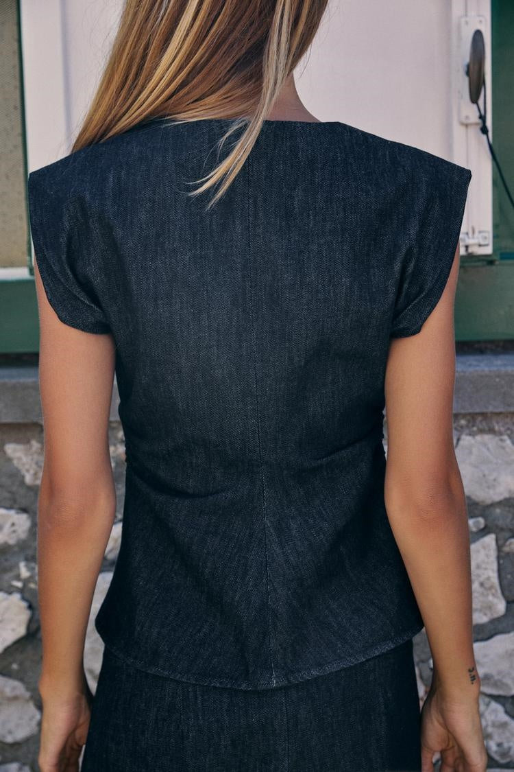 ZA Draped Denim Top &amp; Wide-Leg Trouser Set