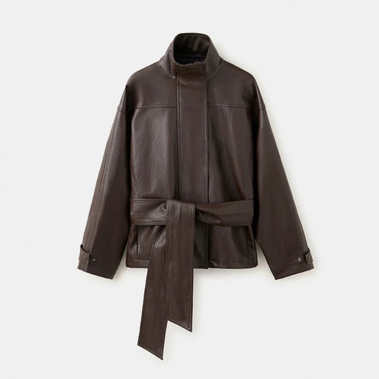 ZA Belted Faux Leather High-Neck Jacket