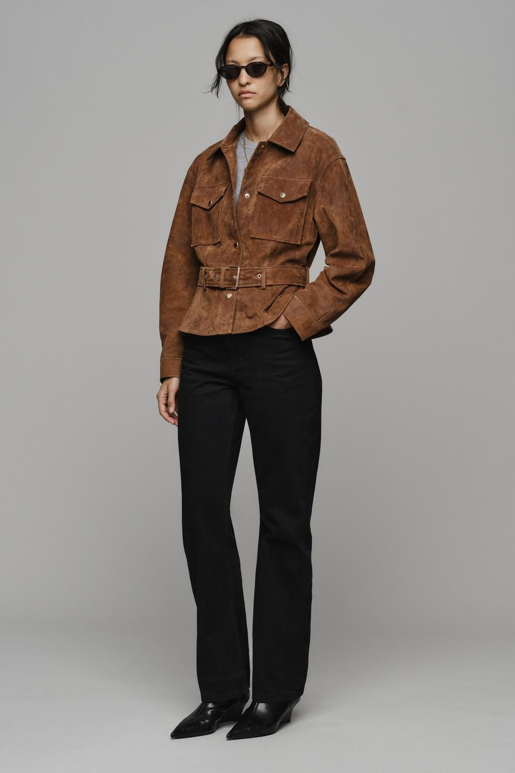 ZA Belted Suede-Effect Utility Jacket